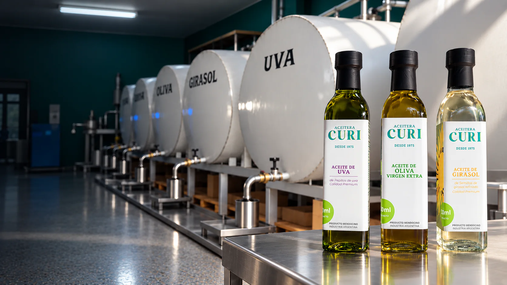 Botellas de aceite Aceitera Curi en planta industrial